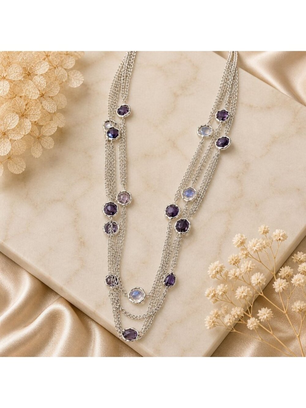 Vintage Chico's Silver Chain Necklace Purple Acrylic Beads Long Layered Y2K